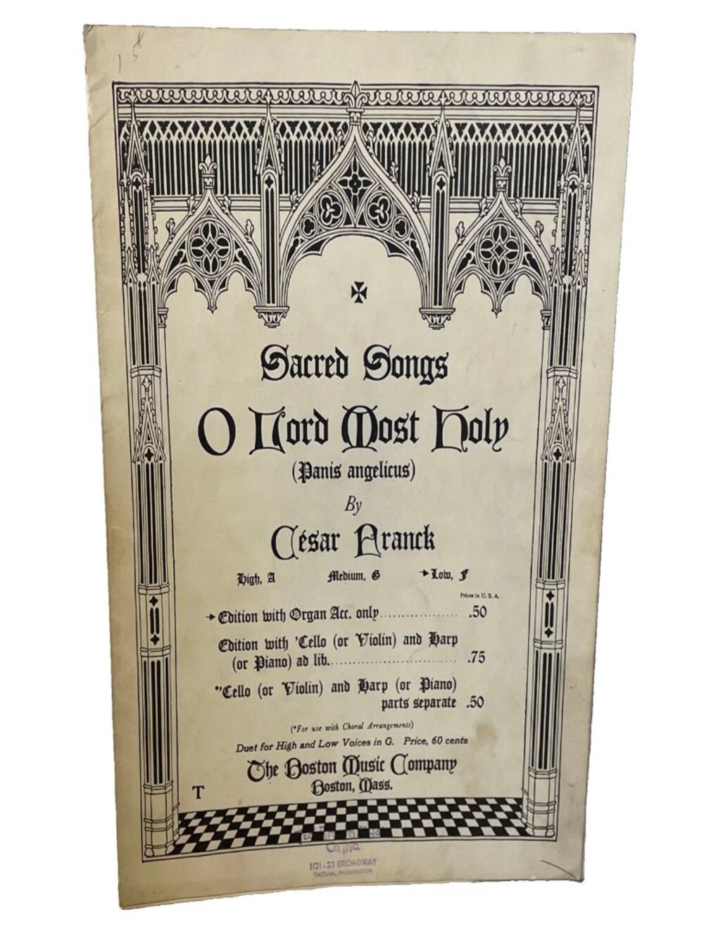 1908 O Lord Most Holy Sheet Music Cesar Franck Panis Angelicus Boston Music Low